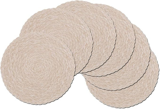 SHACOS Round Braided Placemats 15 inch Set of 6 Thick Boho Kitchen Table Placemats for Home Wedding Party (T-Beige, 6)