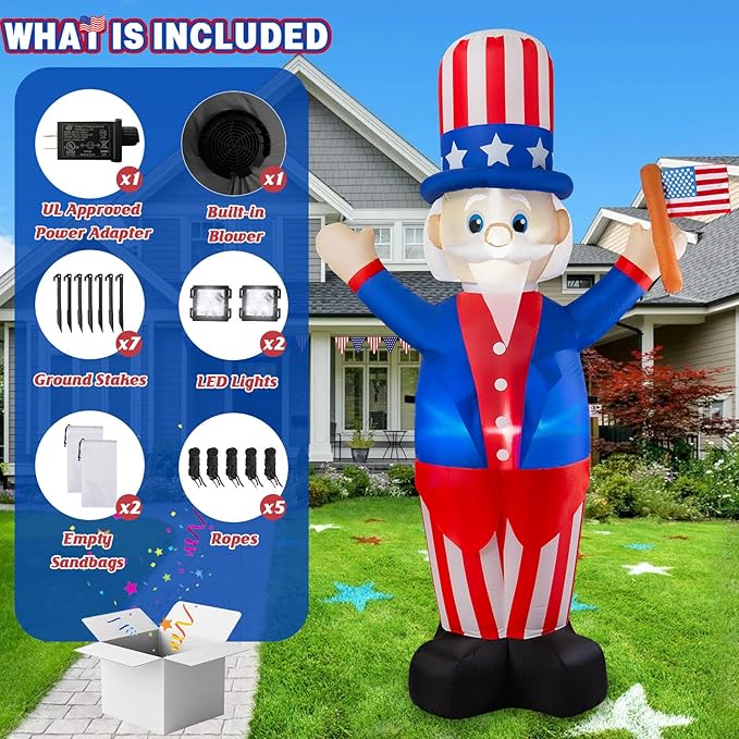 4th of July Inflatable Uncle Sam Decorations, 6FT Fourth of July Decorations Patriotic Independence Day Inflatable Built-in LED Lights for Memorial Day Celebrations Outdoor Yard Garden Decor
