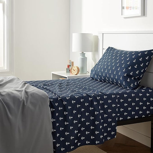 Amazon Basics Kid's Soft Easy-Wash Lightweight Microfiber 3-Piece Sheet Set, Toddler, Navy, White Anchors