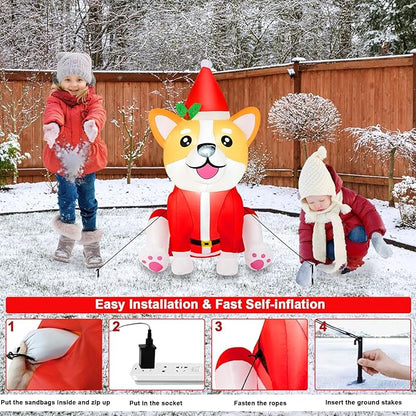 B&D 4FT Christmas Inflatables Dog Outdoor Decorations, Christmas Blow Up Corgi Dog with Built-in LED Lights Inflatable Xmas Decorations for Gifts Party Indoor Outdoor Yard Lawn Garden Decor