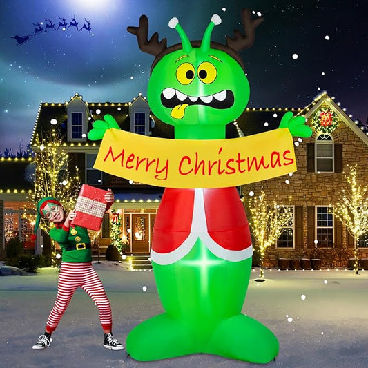 8FT Christmas Inflatable Outdoor Decoration, Inflatable Alien Christmas Blow Up Yard Decorations with Built-in LEDs Inflatable Xmas Decorations for Party Garden Yard Lawn Decor