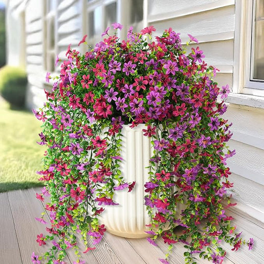 Artificial Fake Hanging Flowers Plants for Outdoor Summer Decoration,2 PCS Faux Silk Daisy with Eucalyptus Leaves,UV Resistant Look Real for Outside Home Indoor Planter Porch Patio Balcony Yard Decor