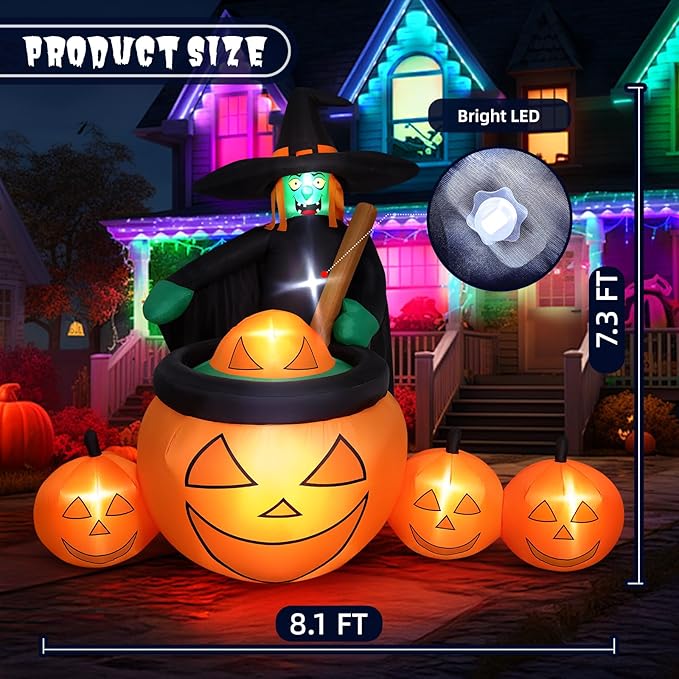 7 FT Tall Halloween Inflatables Witch Pumpkin Pot Outdoor Decorations Blow Up Yard with Built-in LEDs for Lawn Garden Holiday Indoor Party Decor