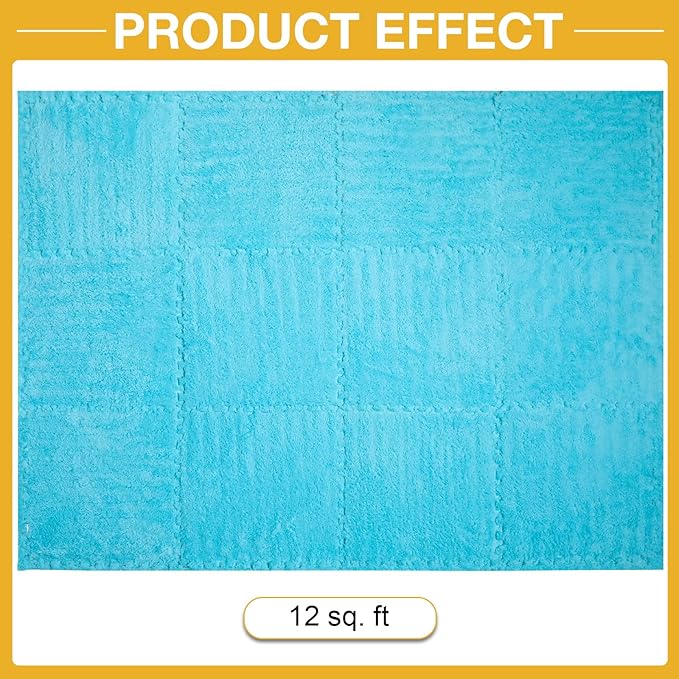 12 Pcs Plush Interlocking Carpet Tiles，Non-Toxic Foam Carpet Tiles for Toddler Baby，Machine-Washable，Anti-Slip，EVA Foam Interlocking Tiles for Floor, Nursery, Playroom, Blue