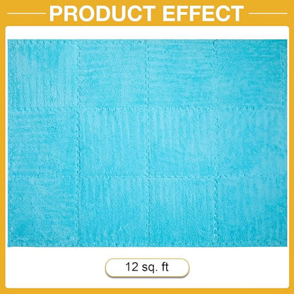 12 Pcs Plush Interlocking Carpet Tiles，Non-Toxic Foam Carpet Tiles for Toddler Baby，Machine-Washable，Anti-Slip，EVA Foam Interlocking Tiles for Floor, Nursery, Playroom, Blue