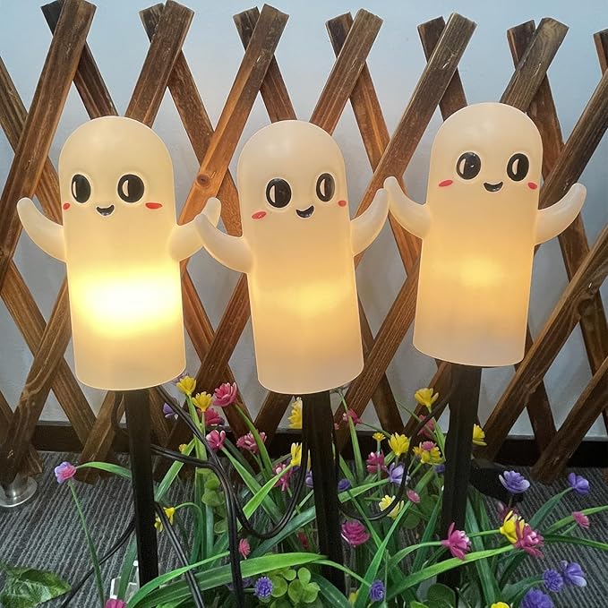 Halloween Ghosts Pathway Lights,4 Pack Ghosts Stake Lights with C7 Clear Bulbs,7Ft Extendable Waterproof Walkway Lights Halloween Decor for Yard Porch Lawn Pathway Garden