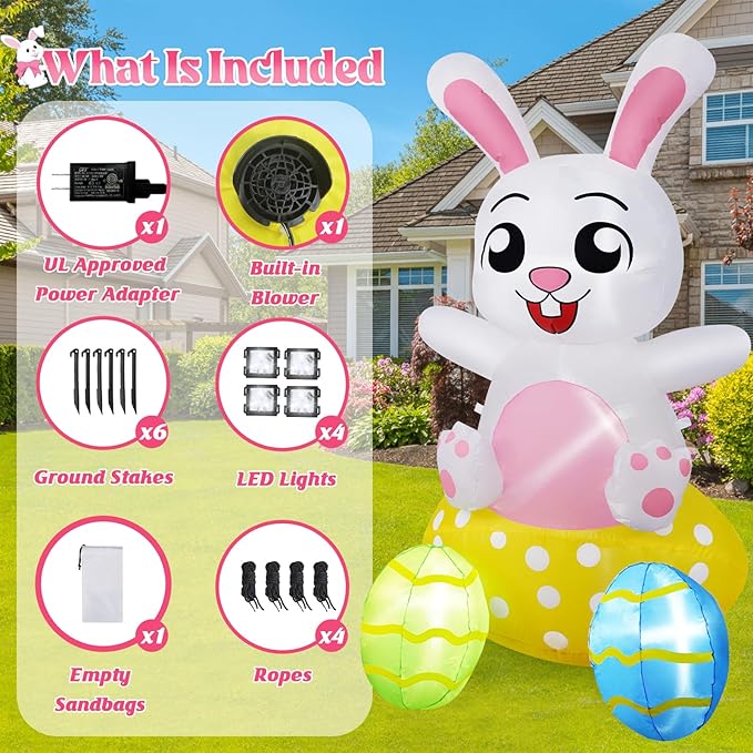 B&D 4FT Easter Inflatables Outdoor Decorations, Blow Up Inflatable Bunny Sits on Colorful Eggs Built-in LED Lights Happy Easter Yard Decorations for Holiday Party Indoor Outdoor Garden Lawn Decor