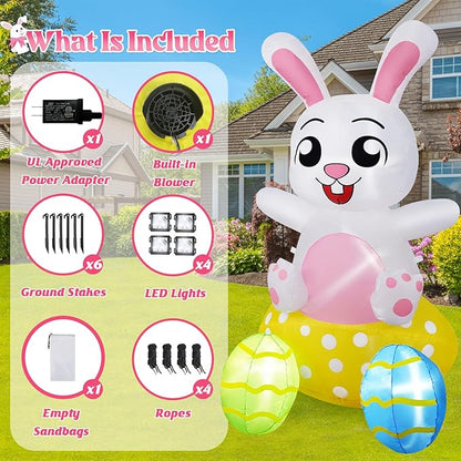 B&D 4FT Easter Inflatables Outdoor Decorations, Blow Up Inflatable Bunny Sits on Colorful Eggs Built-in LED Lights Happy Easter Yard Decorations for Holiday Party Indoor Outdoor Garden Lawn Decor
