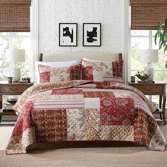 mixinni 100% Cotton Quilt Set King Size, Reversible Patchwork Lightweight Quilted Bedspread Coverlet Set Boho Burgundy Floral Bedding Comforter Set with 2 Pillow Shams for All Season (106"x98")