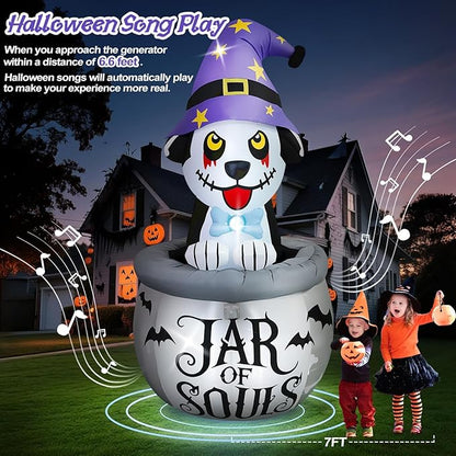 Kalolary 7FT Halloween Inflatables Animated Puppy Dog with Music, Witch Cauldron Halloween Blow Up Yard Decoration with Built-in LEDs for Indoor Outdoor Holiday Party Garden Lawn Decor
