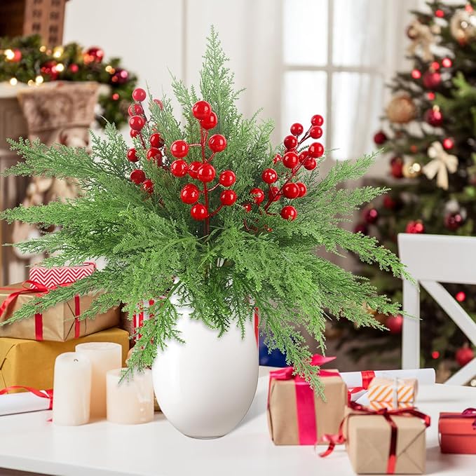 HOHOTIME 6 Pcs Christmas Decoration, 17.7 inch Artificial Picks Pine Stems with Berry for Vase, Faux Norfolk Pine Cypress Leaves Branches Fake Foliage Cedar for DIY Craft Xmas Indoor Home Decor