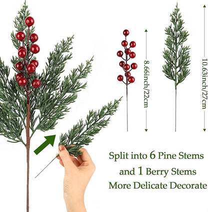 12Pcs/84Pcs Christmas Artificial Pine Branches with Red Berry Stems, 18‘’ Faux Evergreen Christmas Tree Picks, Cedar Cypress Leaves Stems for Xmas Decorations Indoor DIY Craft Garland Home Decor
