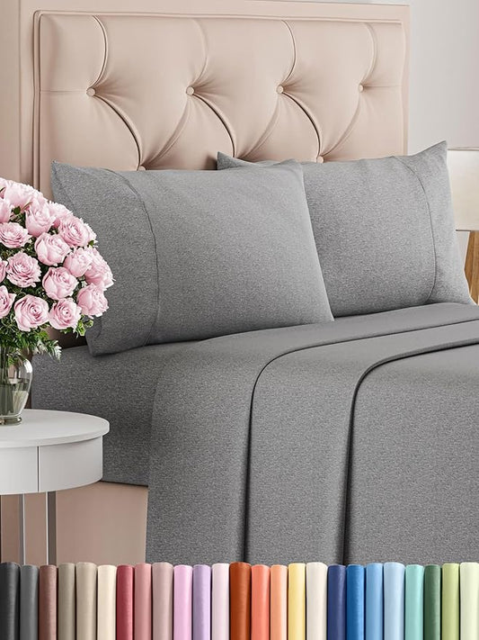 Cal King Size 4 Piece Sheet Set - Comfy Breathable & Cooling Bed Sheets Set - Hotel Luxury Bedding for Women, Men, Kids, Teens, Boys & Girls - Deep Pockets and Wrinkle Free - Grey (Heathered Sheets)