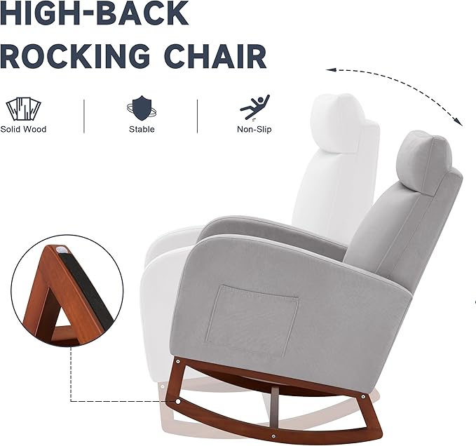 Rocking Chair Nursery Chair with Foot Rest, Nursery Rocking Chairs with High Back, Glider Rocking Chair, Baby Nursery Glider Rocker, Nursing Chair Accent Living Room Grey with Blanket