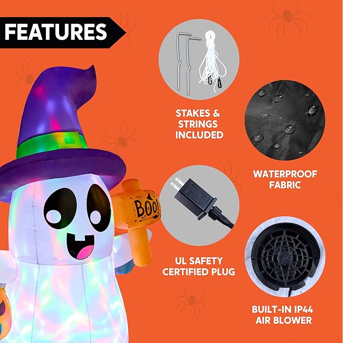 Joiedomi 5 FT Halloween Inflatables Ghost Outdoor Decorations, Blow Up Cute Wizard Ghost with Pumpkin, Blow Up Yard Decoration with Rotating Colorful LED for Halloween Lawn Garden Party Decor