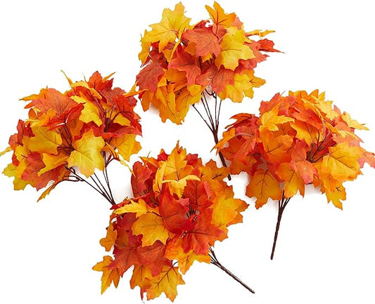4PCS Fall Decor Maple Leaves Stems Artificial Leaves Silk Maple Leaves Fall Bouquet for Autumn Indoor Outdoor Home Kitchen Fall Floral Arrangements Thanksgiving Decorations Decor Outside Indoor Decor