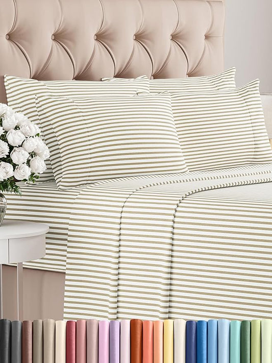 CGK Linens Queen 6 Piece Sheet Set - Cooling Sheets for Hot Sleepers - Hotel Luxury Bedding Set with 8-16 Inch Deep Pockets - 1 Flat & 1 Fitted & 4 Pillowcases - Soft & Wrinkle Free - Beige Stripes