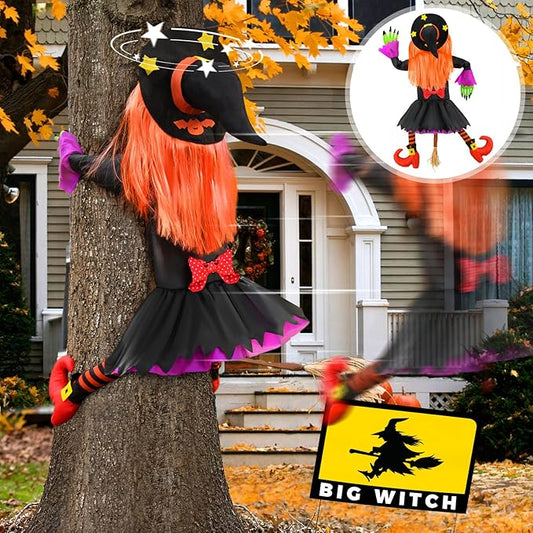 Large Crashing Witch Decor(55'' H), Halloween Decorations Clearance Outdoor Witch Props Ornaments, Hanging into Tree/Porch Pole/Door/Yard, with Adjustable Band, Outside Garden Funny Witches Crashed