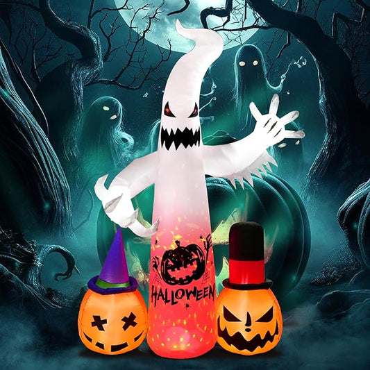 8 Ft Halloween Decoration Outdoor Inflatables, Ghost Ghost and 2 Pumpkin with Built-in LED, Halloween Blow Up Yard Decorations Light, Inflatables Decor for Garden Lawn Party Outside