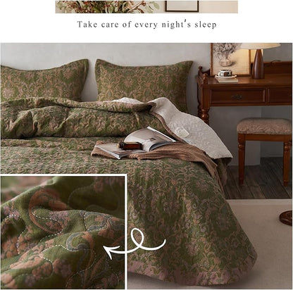mixinni King Size Quilt Bedding Set Green Floral Soft Cotton Double-Layer Vintage Gold Paisley Quilt Set Farmhouse Bedspread Coverlet Sets, 3-Pieces Including Pillow Shams (106x96 Inches)