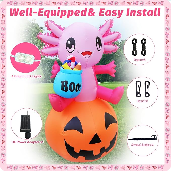 anroog Halloween Decorations Outdoor 5.2FT Axolotl Inflatables Pumpkin Blow Up Yard Decorations with LED Lights Halloween Outside Lawn Party Decor (Axolotl Pumpkin Inflatables)