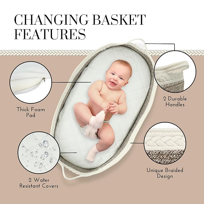 Baby Changing Basket – Boho Baby Basket for Dresser – Woven Diaper Changing Basket – 2 Water Resistant Pad Covers - Boho Nursery Decor - 100% Cotton Rope - Moses Basket - Portable Changing Station.