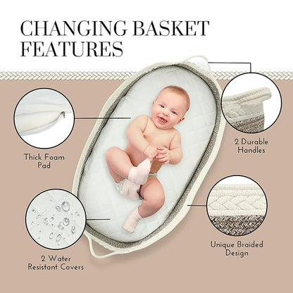 Baby Changing Basket – Boho Baby Basket for Dresser – Woven Diaper Changing Basket – 2 Water Resistant Pad Covers - Boho Nursery Decor - 100% Cotton Rope - Moses Basket - Portable Changing Station.
