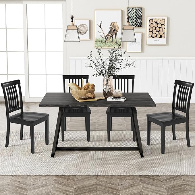 COLAMY Wooden Dining Chairs Set of 2, Solid Rubberwood Kitchen & Dining Room Chairs, High Spindle Back Windsor Style, Modern Dining Table Chairs, Non-Slip Foot Pads, Minimalist Home Furniture,Black