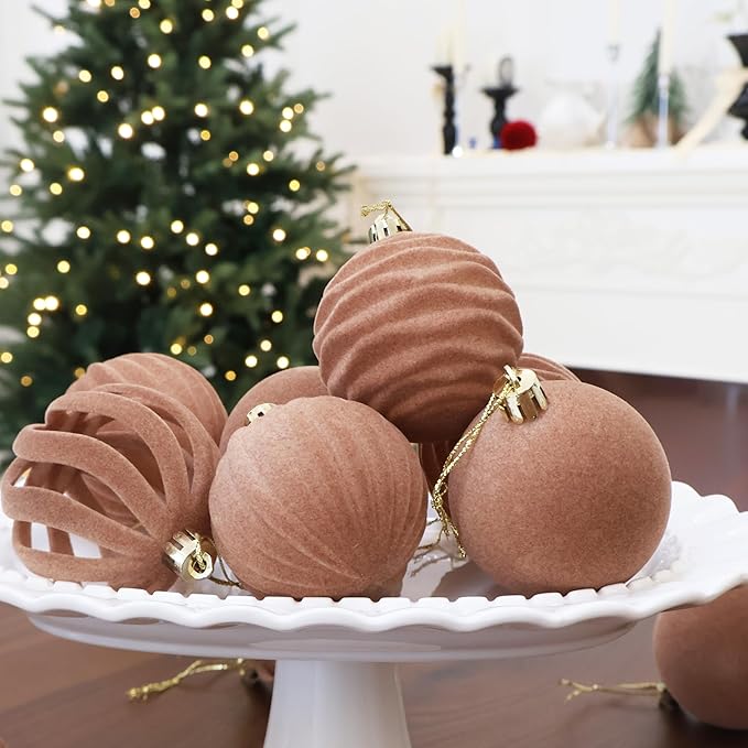 Senjie Velvet Christmas Balls Flocked Christmas Tree 3.15inch Ornaments 12PCS Plastic Balls Xmas Hanging Ornaments Decoration Light Coffee