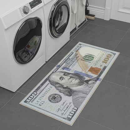 Machine Washable $100 Bill Design Cotton 22x53 Flatweave Runner Rug for Laundry Room, Bedroom, 22" x 53", Multicolor