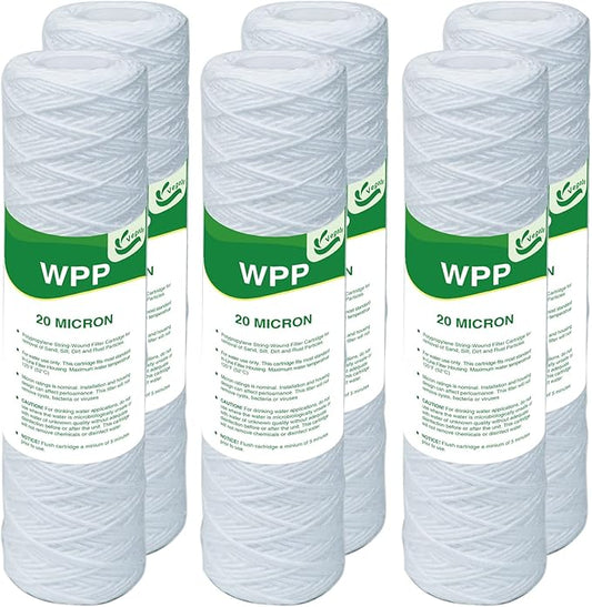 20 Micron String Wound Whole House Water Filter 10" x 2.5", 10-inch Universal Sediment Pre-Filters for Well Water, Replacement Cartridge for FXWSC, CW-F, CW-MF, 1SS, W5W, AO-WH-PRE-R2, 6-Pack