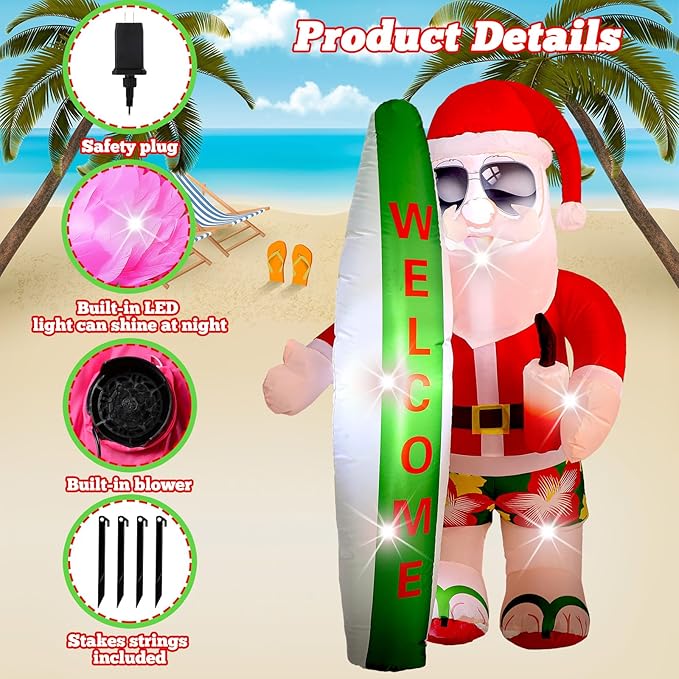 VIHOSE 5.4 Ft Christmas in July Inflatable Decorations Hawaiian Tropical Santa Claus on Beach Blow Up Yard Decor Build in Led Lights for Indoor Outdoor Garden Lawn Holiday Party