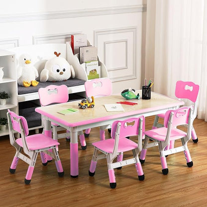 Kids Table and 6 Chair Set - Height Adjustable, Multifunctional Desk, Ergonomically Designed Chairs, Max 300lbs, for Ages 2-10, Classroom, Daycares, Home