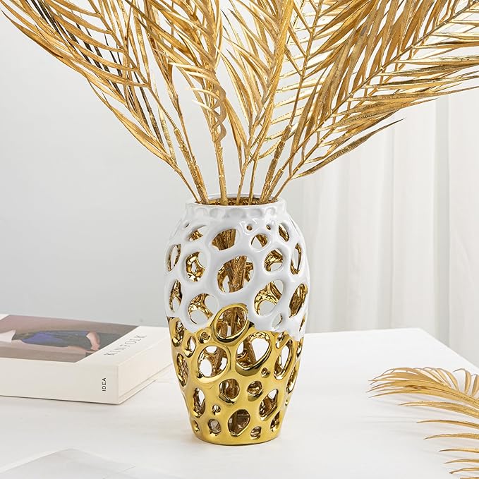 White and Gold Vases for Centerpieces, Openwork Ceramic Flower Vase 8.7" Hollowed Decorative Pampas Grass Vase Gold Table Decor for Home Living Room Dinner Room Bedroom Office Wedding