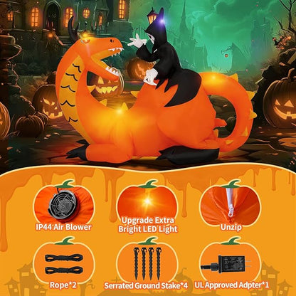 8FT Halloween Inflatables Dinosaur Outdoor Decoration, Grim Reaper Riding Dinosaur with 5 LED Lights Built-in Blow Up, Holiday Outside Decor for Yard Lawn Patio Garden Party