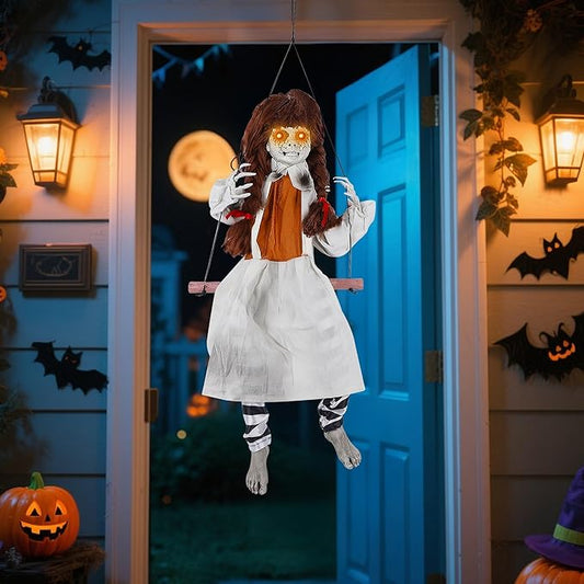 Prsildan Halloween Decorations Outdoor Hanging Swing Girl, Scary Animatronic Decor Life-Size Halloween Props with Creepy Sounds Motion for Outside Indoor Yard Trees