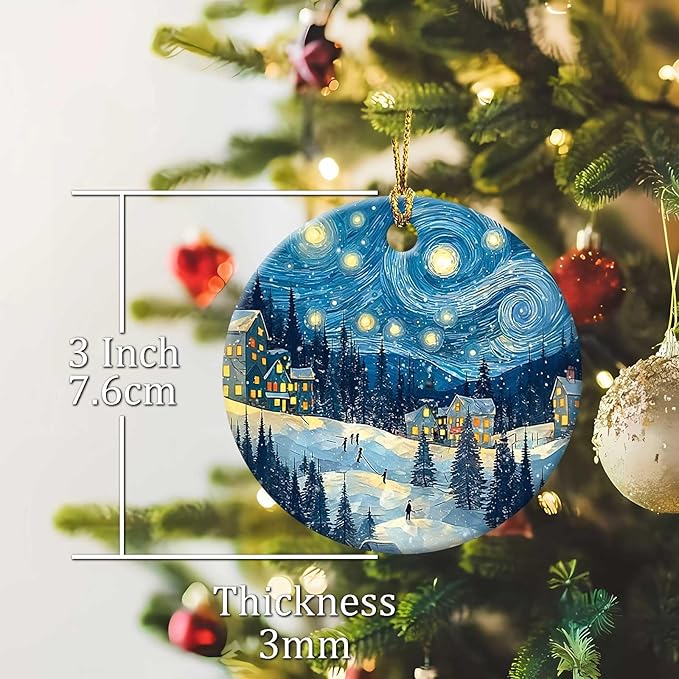 Happy Winter Holiday Ornaments Snow Village Round Ceramic Colorful Hanging Ornament Christmas Keepsake Decor for Xmas Tree Winter Holiday Xmas Gift for Women Men 3"
