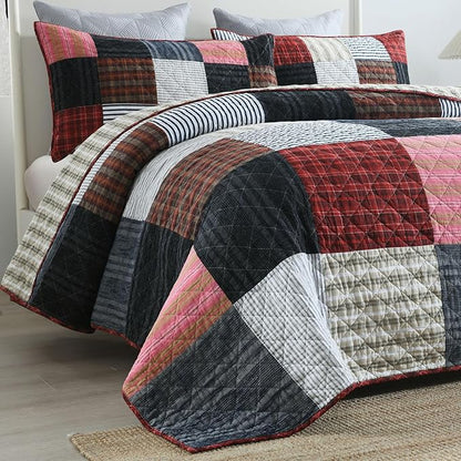 mixinni 100% Cotton Quilt Set for Queen Size Beds, Boho Patchwork Red Checkered Pattern Bedding Comforetr Set, 3-Piece Reversible Lightweight Bedspread Coverlet Set for All Season (90"x98")