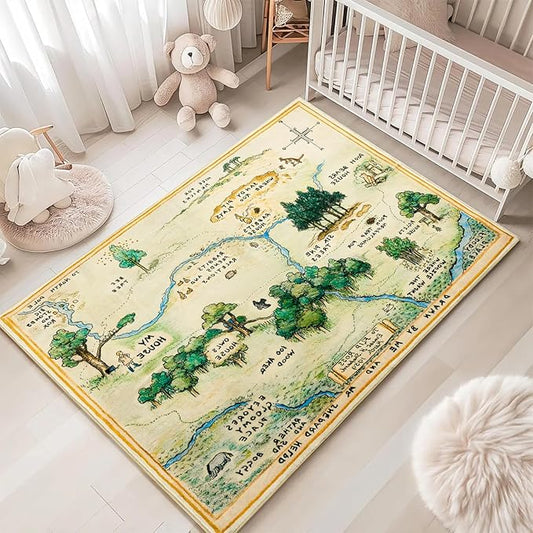 Estmy 6x9 Washable Nursery Rug, Cute Woodland Kids Play Mat for Girls Boys Neutral Soft Crawling Play Mat for Classroom Children Toddlers Bedroom Stain Resistant Easy to Clean, 100 Acre Wood Map Rug