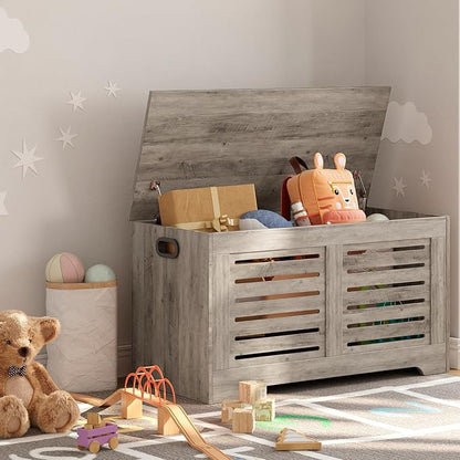 DINZI LVJ Storage Chest, 39.4”Wooden Toy Box with 2 Safety Hinges, Retro Entryway Shoe Storage Bench with Flip-Top, Sturdy Large Storage Trunk for Living Room, Bedroom, Easy Assembly, Gray Wash