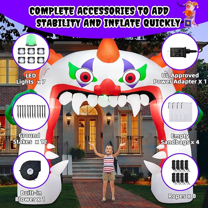 11FT Wide Halloween Inflatables Archway Outdoor Decorations, Inflatable Clown Arch Blow Up Halloween Decorations Built-in Projection LED Light for Halloween Decor Front Yard Garden Lawn Party