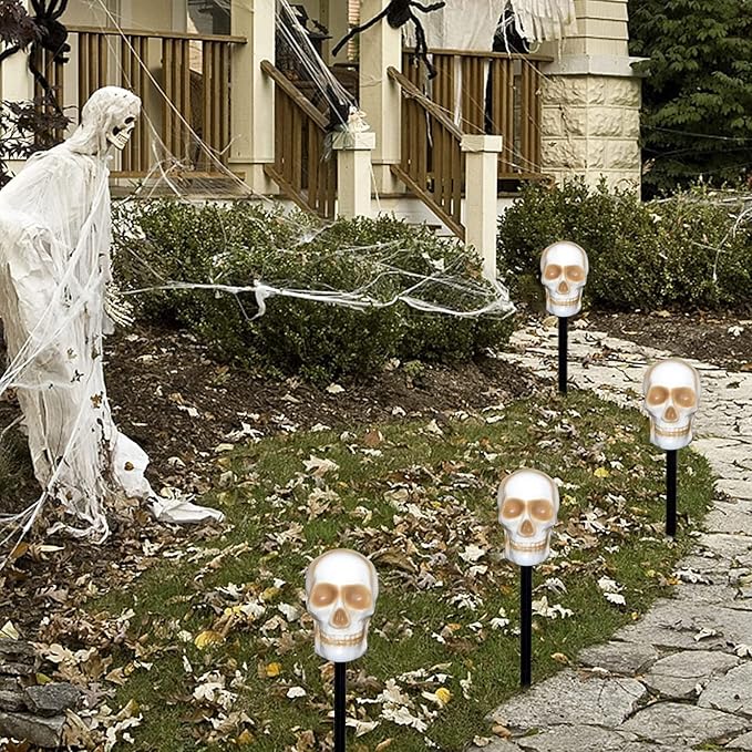 Halloween Skull Pathway Lights, 4 Pack 3D Skeleton Lights with Stakes, Outdoor Connectable C7 Skull Lights for Yard, Garden, Patio, Halloween Party Decor, Black Wire