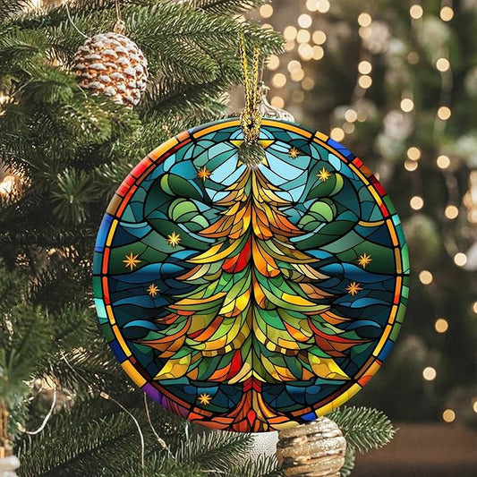 Christmas Tree Ornament Round Ceramic Stained Glass Style Ornament Star Xmas Keepsake for Christmas Tree Winter Holiday Xmas Gift for Women Men Xmas Hanging Ornament 3"