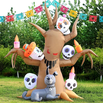 DomKom Tree Halloween Inflatable Blow Up Decorations, Dia de Los Muertos 8FT Day of The Dead Spooky Tree with Catrina Skull and Hairless Dog, Built-in LEDs for Holiday, Garden Lawn Yard Patio Décor