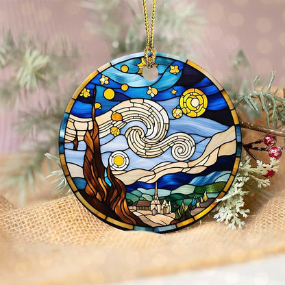Starry Night Ornament Round Ceramic Stained Glass Style Ornament Xmas Keepsake for Christmas Tree Winter Holiday Xmas Gift for Women Men Xmas Hanging Ornament 3"