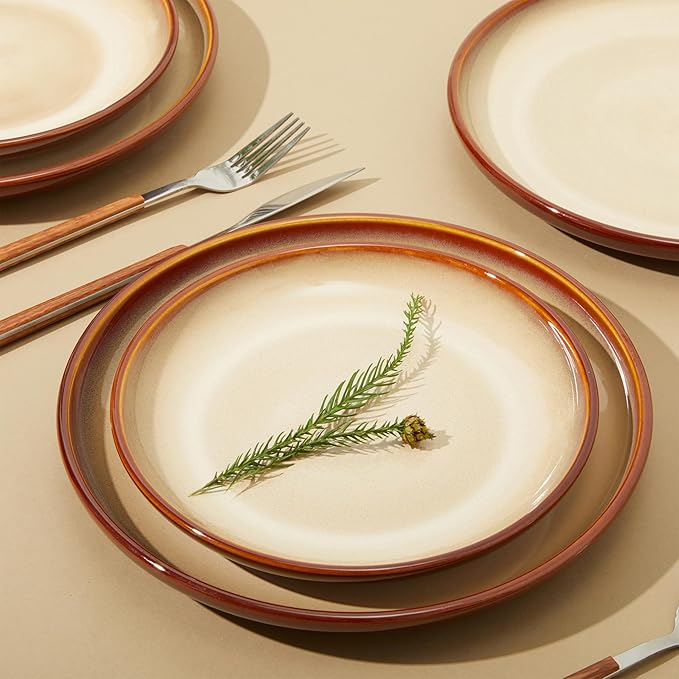 16 Piece Double Bowl Plates and Bowls Sets, Ceramic Dinnerware Sets with Pasta Bowls, Dishwasher & Microwave Safe Dish Set, Scratch Resistant Stoneware Plate Set, Service for 4 Brown Yellow