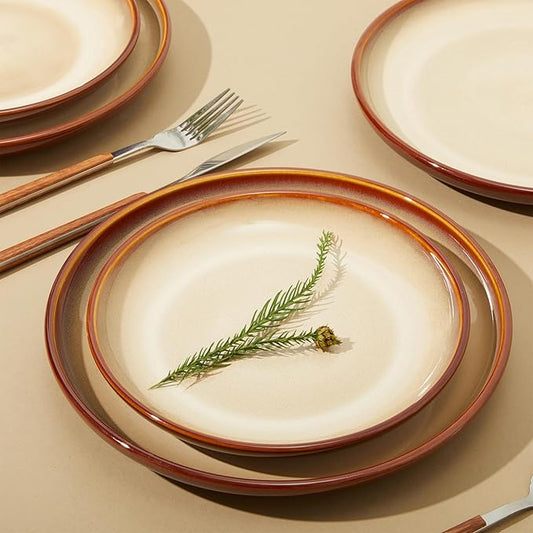 16 Piece Double Bowl Plates and Bowls Sets, Ceramic Dinnerware Sets with Pasta Bowls, Dishwasher & Microwave Safe Dish Set, Scratch Resistant Stoneware Plate Set, Service for 4 Brown Yellow