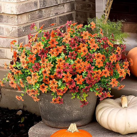 Artificial Mums Flowers Outdoors Autumn Decor, Fall Fake Silk Daisy UV Resistant, 12 Bundles Outside Faux Flower Plants for Home Garden Porch Patio Yard Balcony Window (Orange Brown)