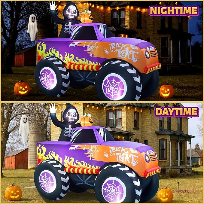Halloween Inflatables Decorations, 8 Ft Long Outdoor Blow Up Monster Skeleton Truck Car Shape with Inflate Scary Skull Spider Web Wheels Trick or Treat Build-in LEDs for Garden Yard Lawn Party Decors