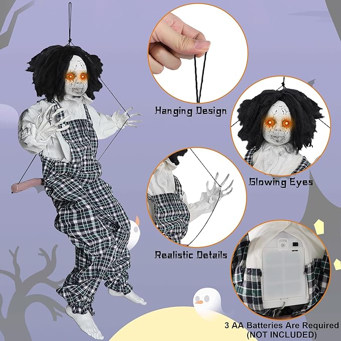 Prsildan Hanging Halloween Decorations Outdoor Swing Boy, Halloween Animatronic Scary Decor Life-Size Halloween Props with Creepy Sounds Motion for Outside Indoor Trees Yard